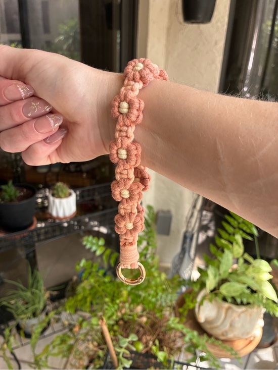 Accessories - Peach Floral Macrame Key & Card Holder with Gold Ring Handmade